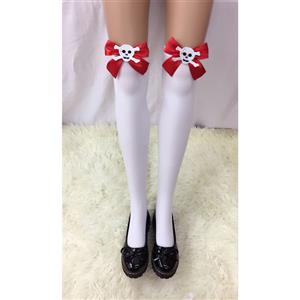Lovely White Anime Red Bowknot and Skull French Maid Cosplay Stockings HG18525