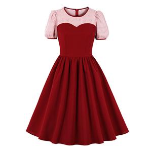 Vintage Round Neck Heart Bodice Puff Sleeves High Waist Elegant Cocktail Party A-line Dress N21499