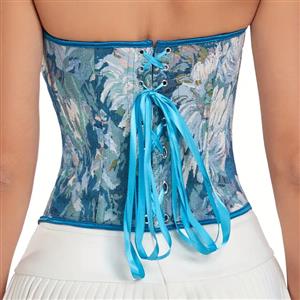 Fashion Blue Chrysanthemum Print Plastic Boned Body Shaper Overbust Corset N23544