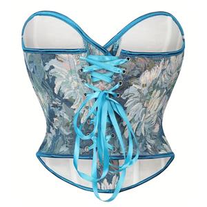 Fashion Blue Chrysanthemum Print Plastic Boned Body Shaper Overbust Corset N23544