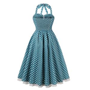 Women Vintage 1950s Retro Polka Dot Swing Dress Sleeveless Backless Halter Neck N23659