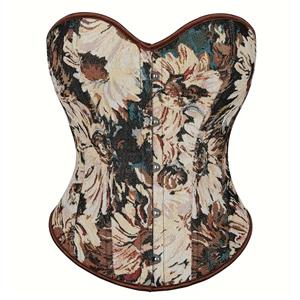 Fashion Brown Chrysanthemum Print Plastic Boned Body Shaper Overbust Corset N23546