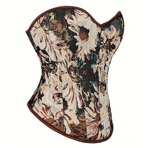 Fashion Brown Chrysanthemum Print Plastic Boned Body Shaper Overbust Corset N23546