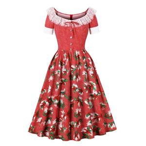 Christmas Waist-Cinching Floral Splicing Round Neck Short-Sleeved Retro Dress N23584