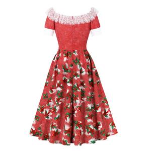 Christmas Waist-Cinching Floral Splicing Round Neck Short-Sleeved Retro Dress N23584