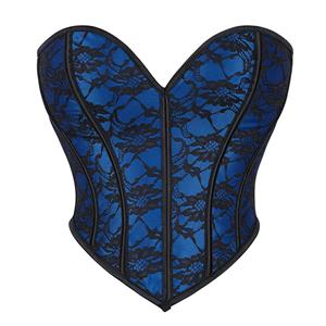 Sexy Blue Underbust Corset, Sexy Blue Hanging Neck Underbust Corset, Lace-up Corset, Gothic Corset, RetroRetro Blue And Black Lace Sexy Short Corset #N23581