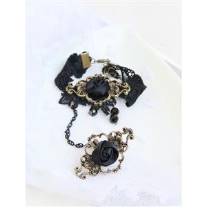 Gothic Black Wristband Rose Embellished Bracelet with Ring J18076