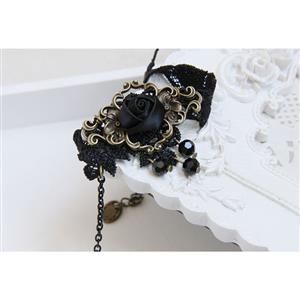 Gothic Black Wristband Rose Embellished Bracelet with Ring J18076