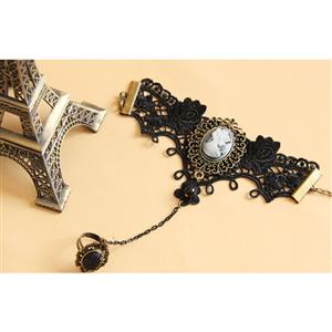 Gothic Black Wristband Embossment Embellished Bracelet with Ring J18087