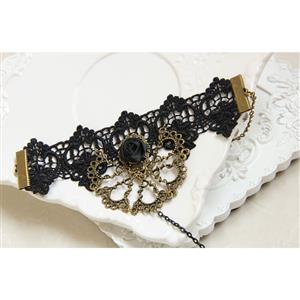 Gothic Black Wristband Rose Bronze Embellished Bracelet with Ring J18068