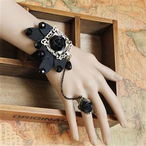 Gothic Black Wristband Rose Butterfly Embellished Bracelet with Ring J18069