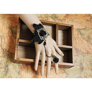 Gothic Black Wristband Rose Butterfly Embellished Bracelet with Ring J18069