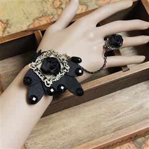 Gothic Black Wristband Rose Butterfly Embellished Bracelet with Ring J18069