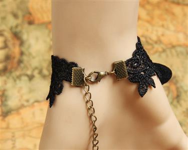 Gothic Black Wristband Rose Butterfly Embellished Bracelet with Ring J18069