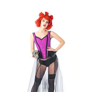 Gothic Purple Feather Jacquard Elastic Wide Straps Gauze Hem Corset With Pantie Set N20239