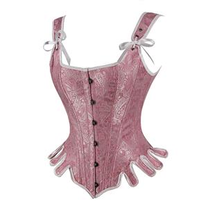 Retro Jacquard Wide Shoulder Straps 14 Plastic Boned Wavy Hem Waist Cincher Overbust Corset N23364