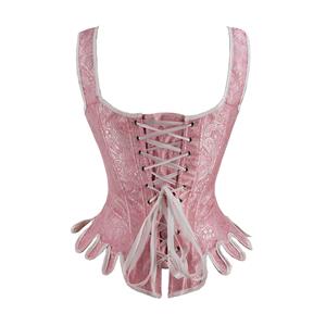 Retro Jacquard Wide Shoulder Straps 14 Plastic Boned Wavy Hem Waist Cincher Overbust Corset N23364