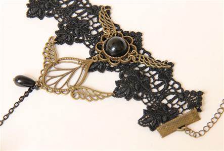 Gothic Wristband Black Gem Embellished Bracelet with Ring J18052