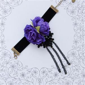 Gothic Wristband Black Lace Purple Flowers Embellished Bracelet with Ring J18056