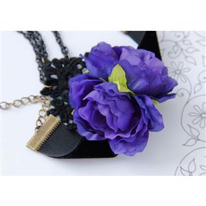 Gothic Wristband Black Lace Purple Flowers Embellished Bracelet with Ring J18056