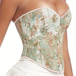 Fashion Green Chrysanthemum Print Plastic Boned Body Shaper Overbust Corset N23547