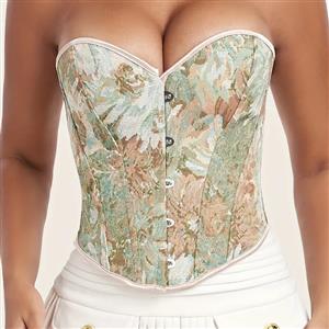 Fashion Green Chrysanthemum Print Plastic Boned Body Shaper Overbust Corset N23547