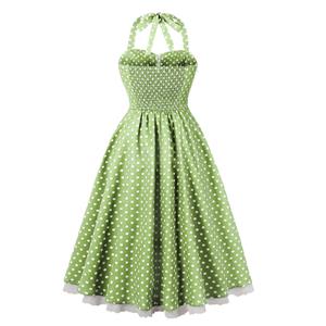 Women Vintage 1950s Retro Polka Dot Swing Dress Sleeveless Backless Halter Neck N23660