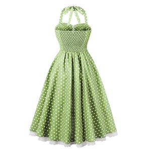 Women Vintage 1950s Retro Polka Dot Swing Dress Sleeveless Backless Halter Neck N23660