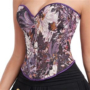 Fashion Purple Chrysanthemum Print Plastic Boned Body Shaper Overbust Corset N23545