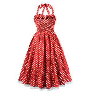 Women Vintage 1950s Retro Polka Dot Swing Dress Sleeveless Backless Halter Neck N23658