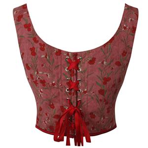 V-neck Corduroy Small Floral Print Bow Petal Hem Fishbone Strap Short Corset Vest N23622