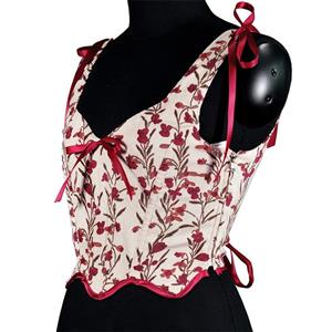 V-neck Corduroy Small Floral Print Bow Petal Hem Fishbone Strap Short Corset Vest N23623