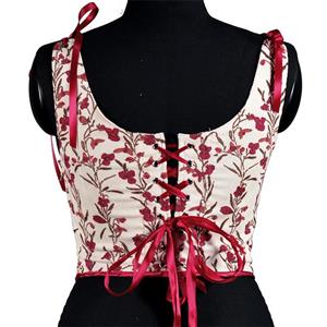 V-neck Corduroy Small Floral Print Bow Petal Hem Fishbone Strap Short Corset Vest N23623