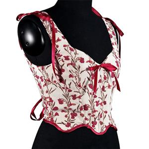 V-neck Corduroy Small Floral Print Bow Petal Hem Fishbone Strap Short Corset Vest N23623