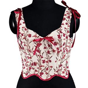 V-neck Corduroy Small Floral Print Bow Petal Hem Fishbone Strap Short Corset Vest N23623