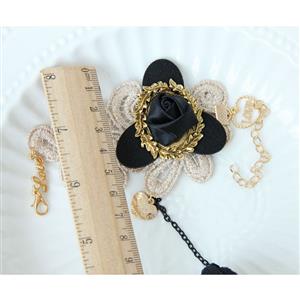 Retro Creamy White Wristband Black Rose Embellished Bracelet with Ring J18085