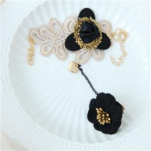 Retro Creamy White Wristband Black Rose Embellished Bracelet with Ring J18085