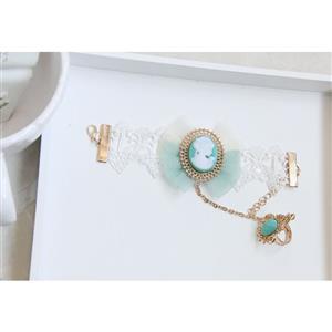 Retro White Wristband Light Blue Embossment Embellished Bracelet with Ring J18084