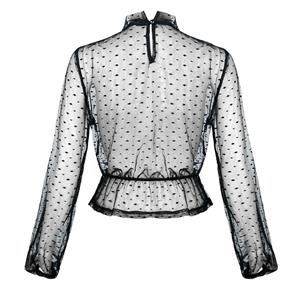 Sexy Black Polka Dots Sheer Soft Yarn Stand Collar Long Sleeve Slim Waist Blouse N20233