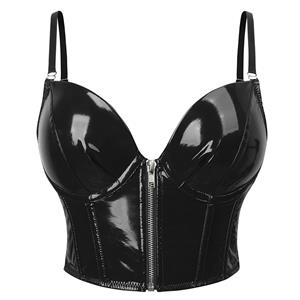 Sexy Punk Faux Leather Spaghetti Straps Bustier Zipper Clubwear Crop Top N23645