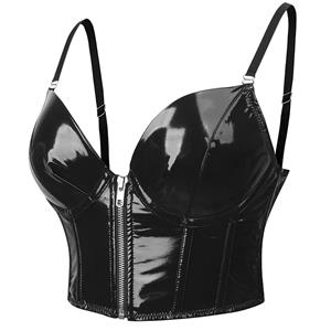 Sexy Punk Faux Leather Spaghetti Straps Bustier Zipper Clubwear Crop Top N23645