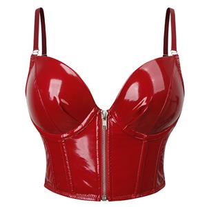 Red Strap Bustier Bra, Crop Top Vegan Leather Bustier Bra, Faux Leather Bustier Bra, Sexy Bra Top, Sexy Black Bustier #N23646