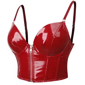 Sexy Punk Faux Leather Spaghetti Straps Bustier Zipper Clubwear Crop Top N23646