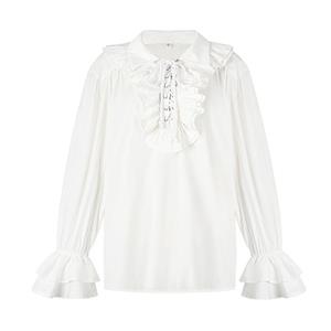 Men's Fashion White Lapel Lace Up Ruffle Flared Long Sleeve Pirate Shirt Blouse Tops N23527