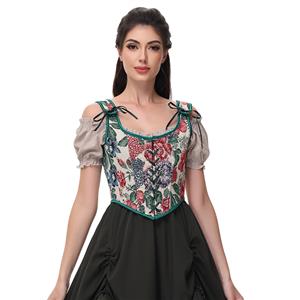 Women Vintage Floral Camisole Flower Embroidery Pattern Tight Vest Drawstring Tie-up Tank Top Suspender Corset  N23653