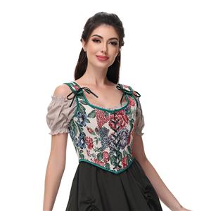 Women Vintage Floral Camisole Flower Embroidery Pattern Tight Vest Drawstring Tie-up Tank Top Suspender Corset  N23653