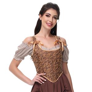 Womens Vintage Asymmetrical Hem Overbust Corset Tie Front Lace-up Back Bustier Shapewear Top N23655