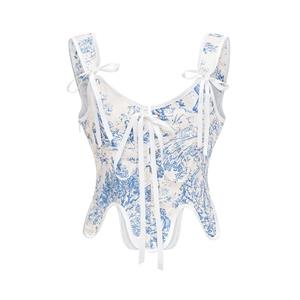 Retro blue and white porcelain tight top, front and back strapped short top, irregular short top,#N23591