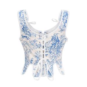 Retro Blue And White Porcelain Back Wtrap Bra Top With Navel-Baring Crop Top N23591