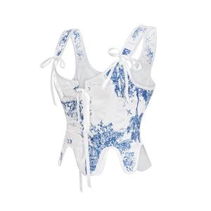 Retro Blue And White Porcelain Back Wtrap Bra Top With Navel-Baring Crop Top N23592